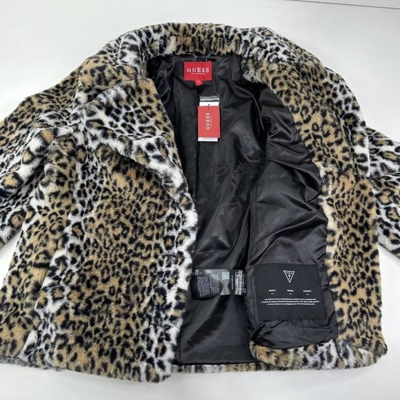 Guess Delvey Faux Fur 3 Button up Jacket NWT Ladies SZ L Animal Cheetah Print - Picture 2 of 8
